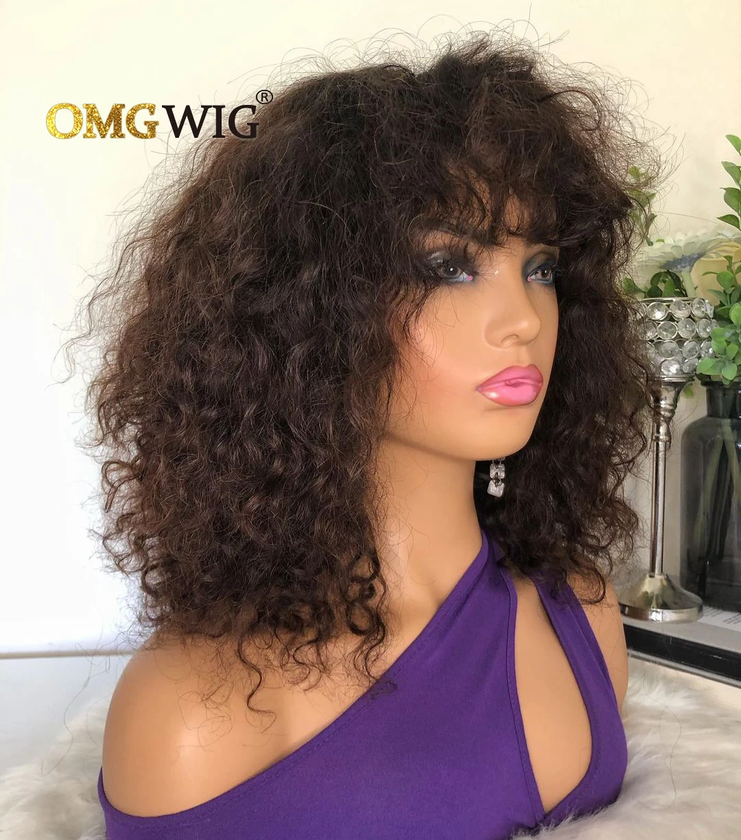 Парик из вьющихся бразильских волос коричневого цвета с челкой плотность 180%