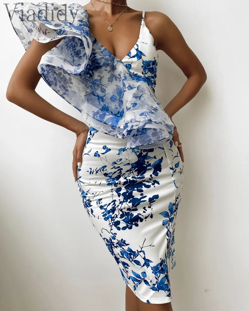 

Women One Shoulder Dee V Neck Ruffles Design Bodycon Print Party Dress