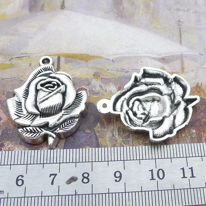 

4 PCS/Lot 35mm*28mm Flower Pendant Antique Silver Color Rose Charms For DIY Jewelry Making DIY Keychain