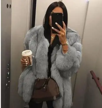 Женское меховое пальто из лисы, зимнее серое, 5XL, розовое пальто из меха лисы, теплое плюшевое пальто, брендовая Меховая куртка, женская утепленная верхняя одежда из искусственного меха - Цвет: light grey