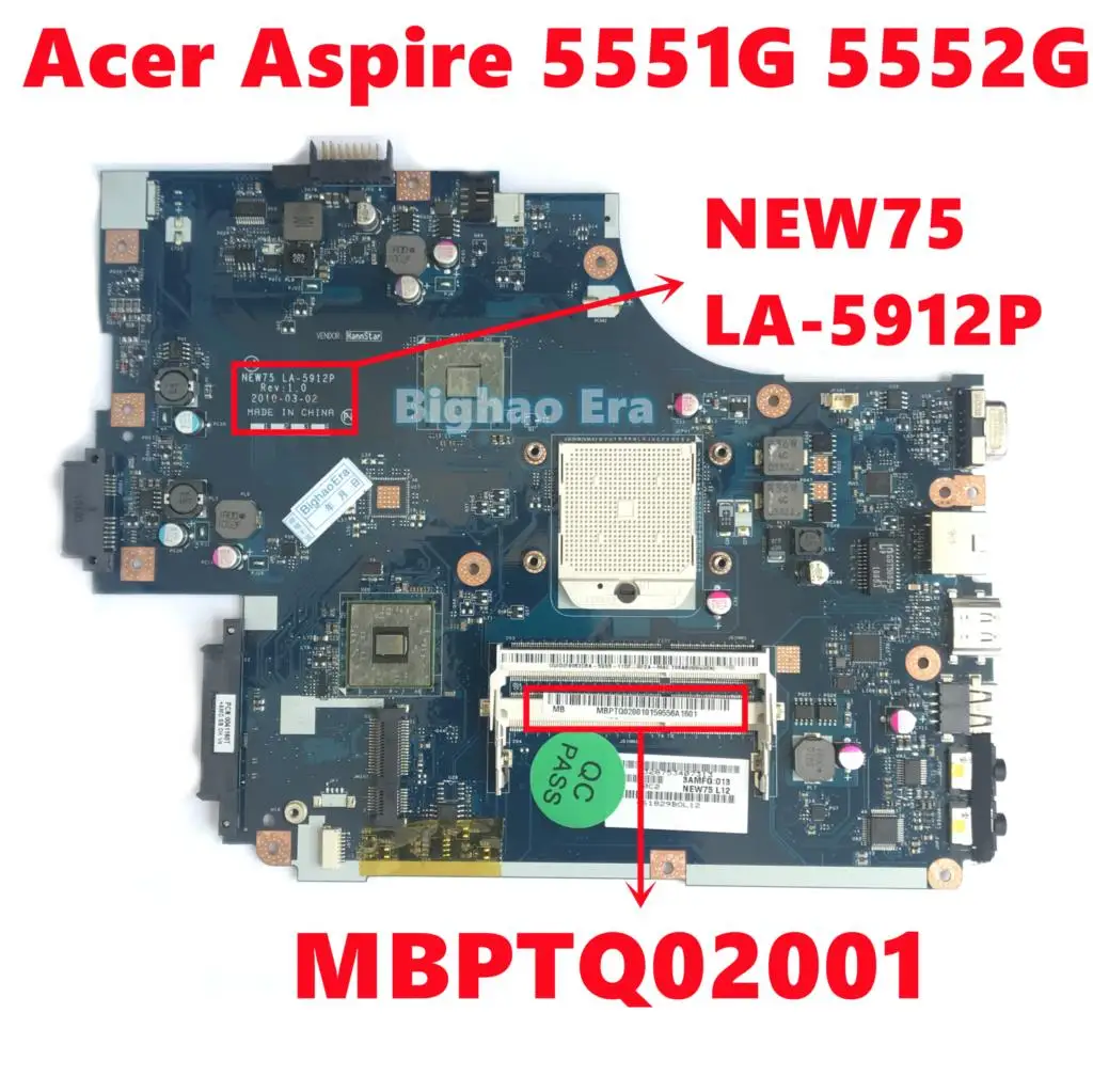 

MBPTQ02001 MB.PTQ02.001 For Acer Aspire 5551G 5552G Laptop Motherboard NEW75 LA-5912P Mainboard DDR3 Fully Tested Working