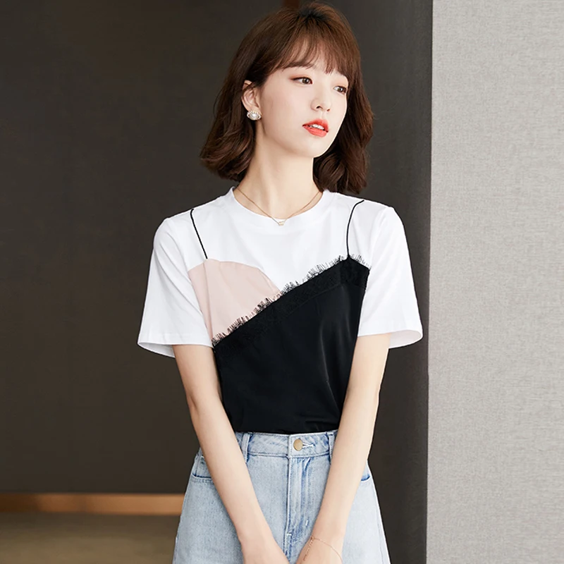 Футболка женская с круглым вырезом топ имитацией двух частей кружевная