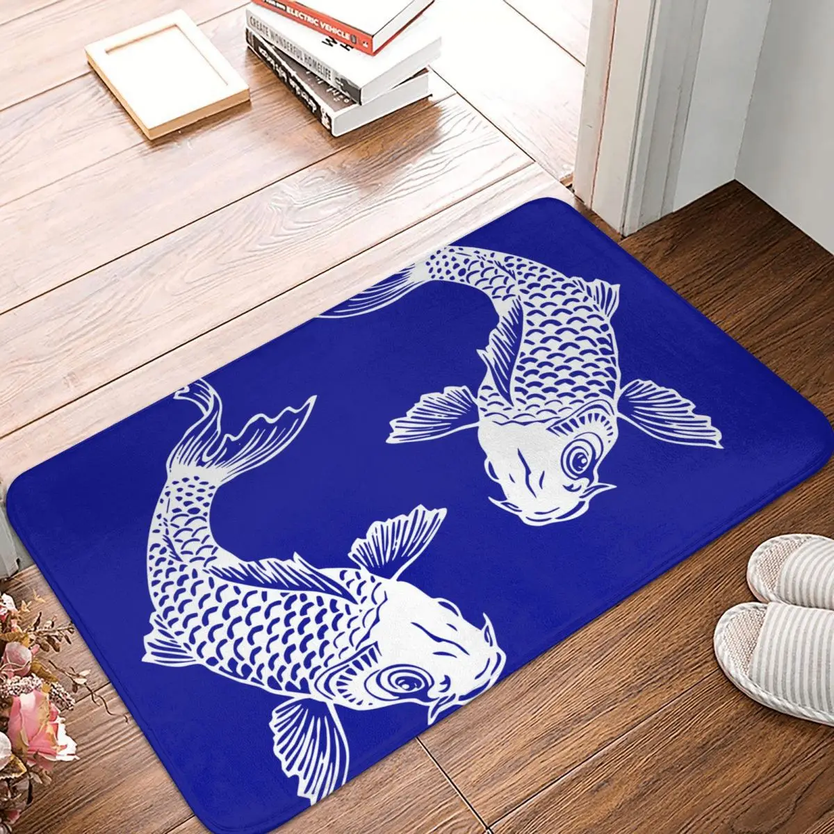 Japanese-Koi-Fish-Carp-Blue Polyester Doormat Rug carpet Mat Footpad Anti-slip removalEntrance Kitchen Bedroom balcony Cartoon