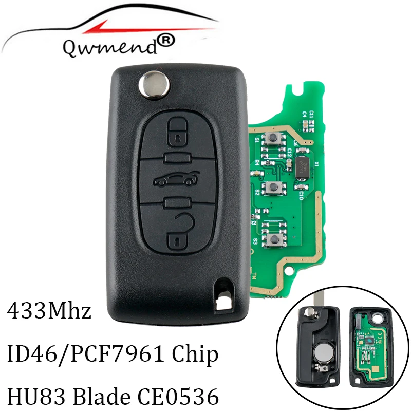 3 кнопки багажник попросить Peugeot 207 208 307 308 408 для Citroen ключи HU83 лезвие 433 МГц PCF7961 чип