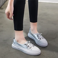 top quality silver shoes women korean flat shoes leather shallow mouth breathable casual sneaker spring autumn style