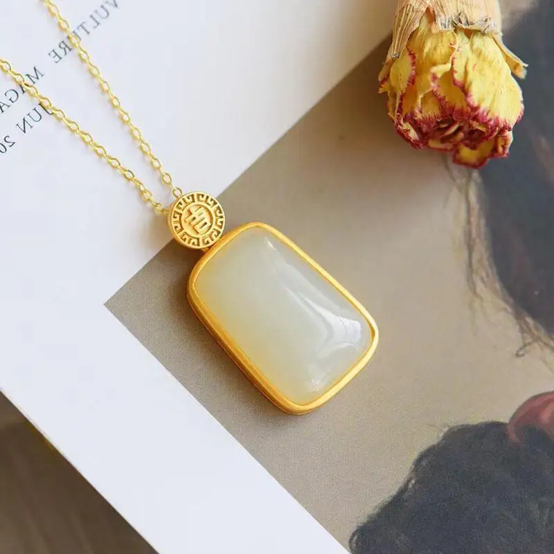 

Hetian Jade Lucky Pendant Pendant S925 Sterling Silver Inlaid Auspicious Ruyi Ancient Retro Gilding Craft Silver Necklace
