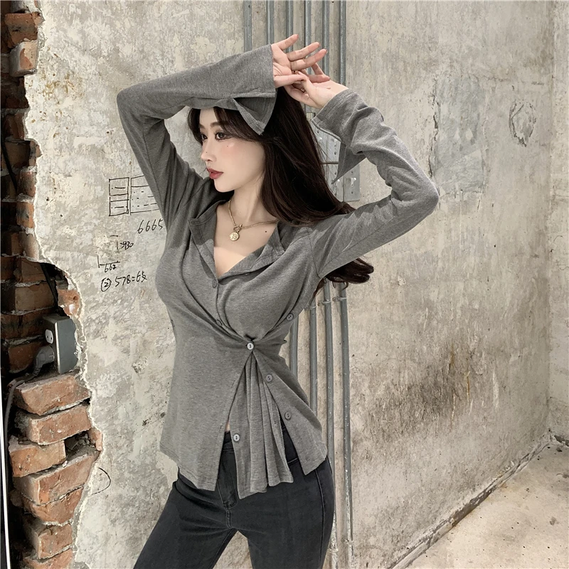 

Women Fashion New Design Irregularly Cut Cloth Stitching T-shirt Slim Low V-neck Sexy Female Tight Shirt Baseshirt Long Sleeve