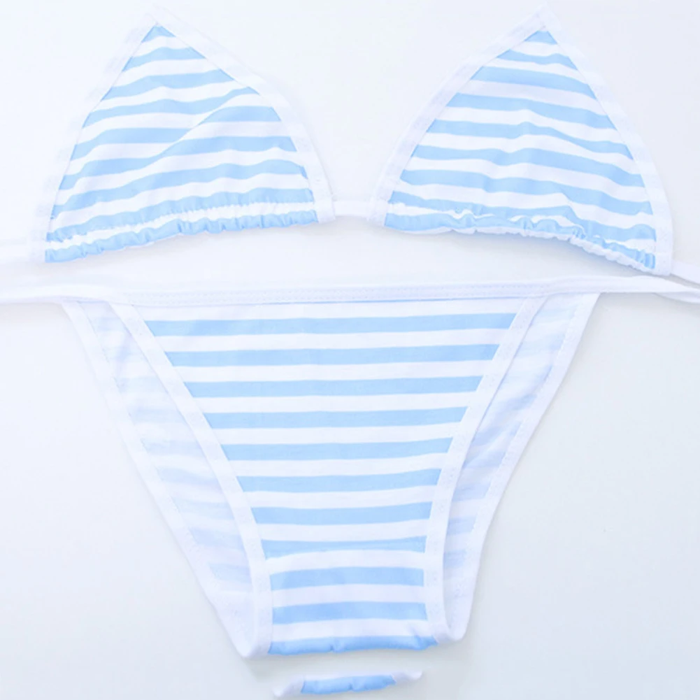 

Women Sexy Bikini Triangle Color Stripe Lace Up Bra Panties Briefs Underwear Set