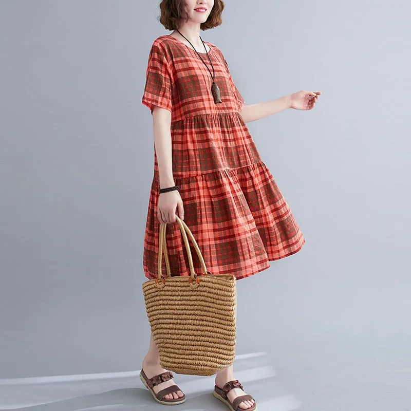 

Women Cotton Linen Casual Dress New Arrival 2021 Summer Simple Style Vintage Plaid Loose Female Knee-length A-line Dresses S3717