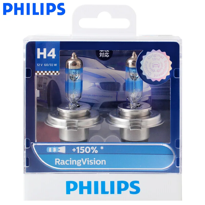 Philips H4 Racing Vision + 150% 9003 12В более яркая Автомобильная фара Hi/lo луч галогенная лампа