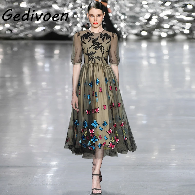 Gedivoen 2022 Spring New Fashion Runway Vintage Mesh Long Dress Women's O-Neck Half Sleeve Flowers Butterfly Embroidery Dresses