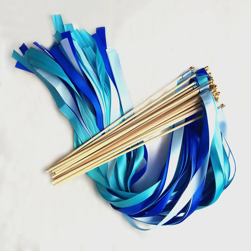 50 шт./лот три разных синих свадебных ленты палочки с золотой лентой колокольчиком
