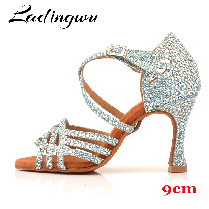 Ladingwu Rhinestone Latin Salsa Performance Dance Shoes Dancing Shoes Ballroom Dance Shoes Women Light Blue Glitter Cloth Dance