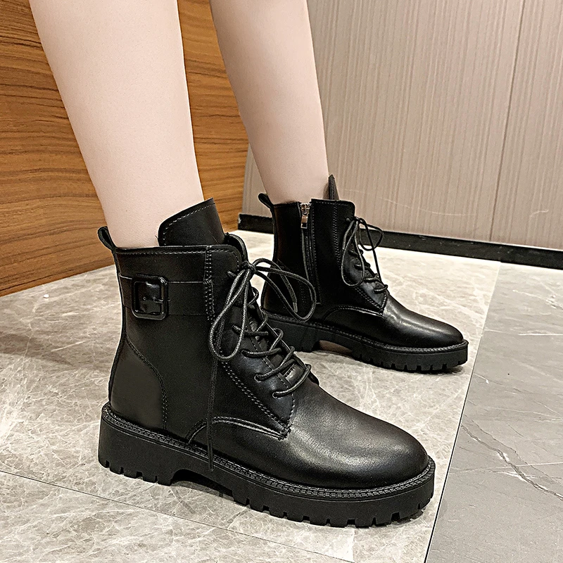 

Women's Short Boots Solid Color PU Lace-up Thick-soled Waterproof Snow Boots Comfortable Lightweight Outdoor Martin Boots 2021