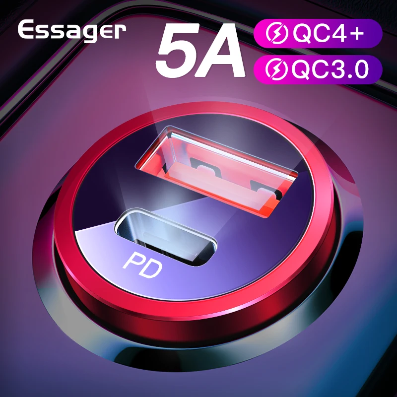 Автомобильное зарядное устройство Essager Quick Charge 4,0 3,0 USB для мобильного телефона iPhone Xiaomi 5A SCP QC4.0 QC3.0 QC type C PD автомобильное быстрое USB зарядное устройство