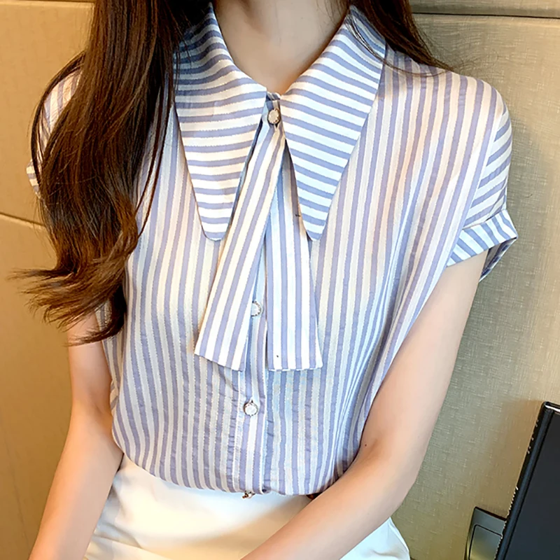 

LJSXLS Summer Bow Striped Short Sleeve Women's Shirt Elegant Turn-down Collar Blouses Women Small Fresh Loose Blusas y camisas