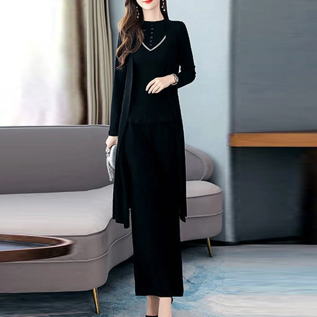 KANCOOLD Knitted 3 Pieces Set Women Tracksuit Long Sleeve Cardigan and Sleeveless Pullover Tops Wide Leg Pants Women's Sets 2019 | Женская
