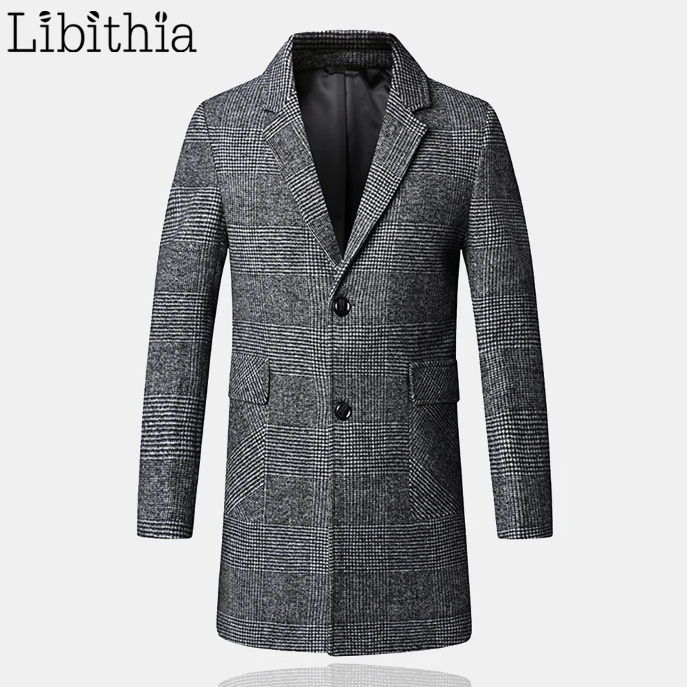 Мужские Клетчатые Шерстяные Пальто с пуговицами Длинные Стильные пальто для