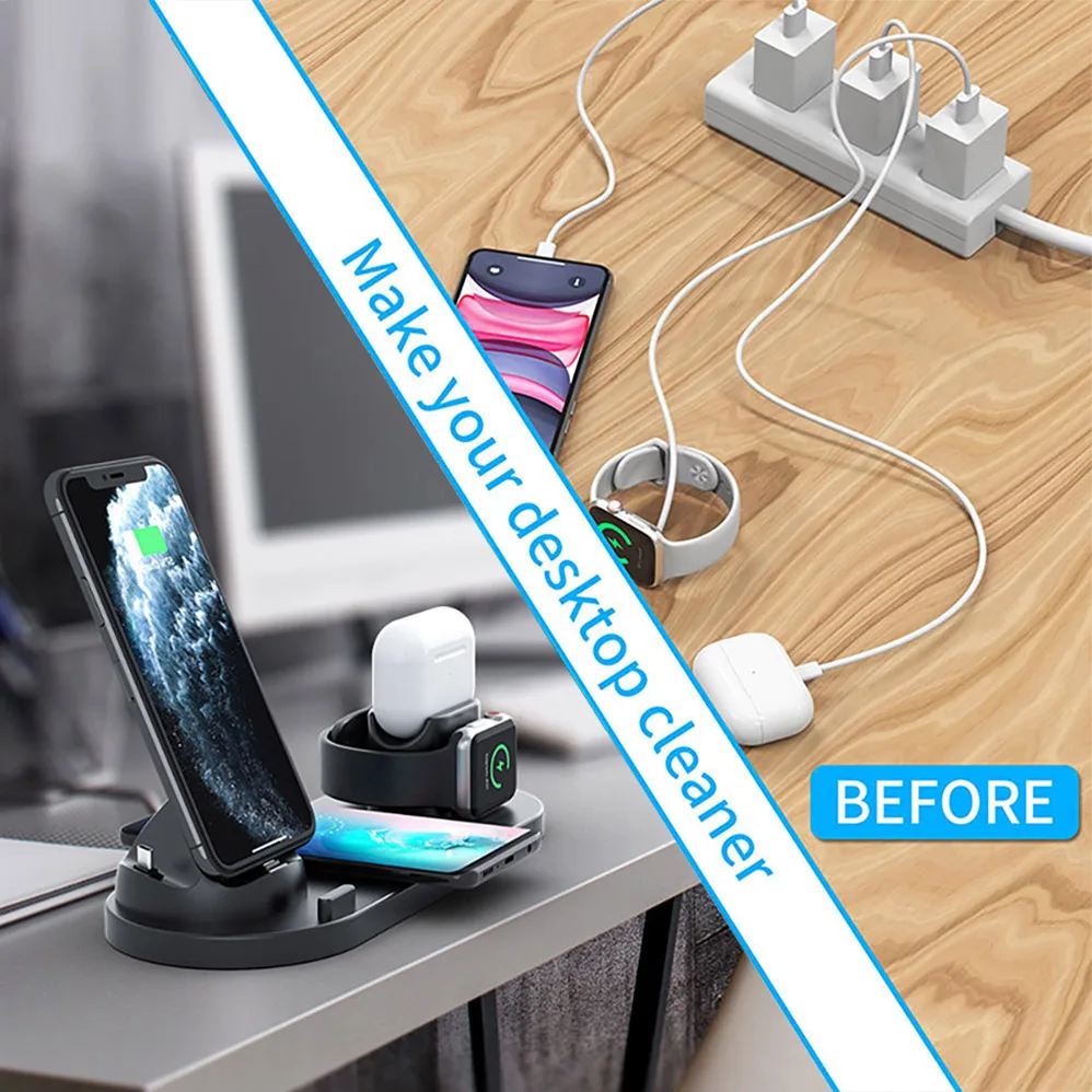 

6 in1 10W Wireless Charger Stand Dock for iPhone 11 Pro Xs Max 8 XR SE2 Fast Wireless Charge for Apple Watch 5 4 3 Airpods Pro 2