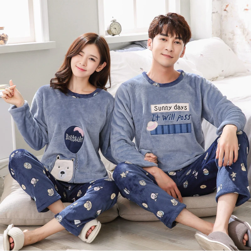 Парные пижамы теплые фланелевые плотные домашние пижама с длинным рукавом