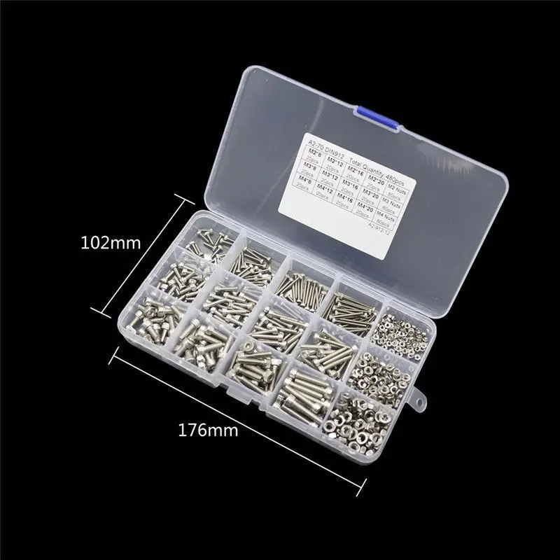 

480pcs M2 M3 M4 Steel Hex Socket Head Cap Screws Nut Kit Set +Box Durable