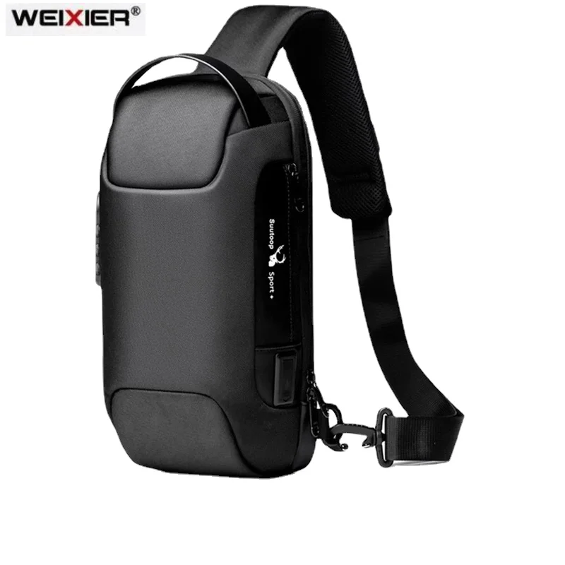 

Мужская водонепроницаемая сумка через плечо WEIXIER из ткани оксфорд с USB, сумка-слинг через плечо с защитой от кражи, многофункциональные коро...