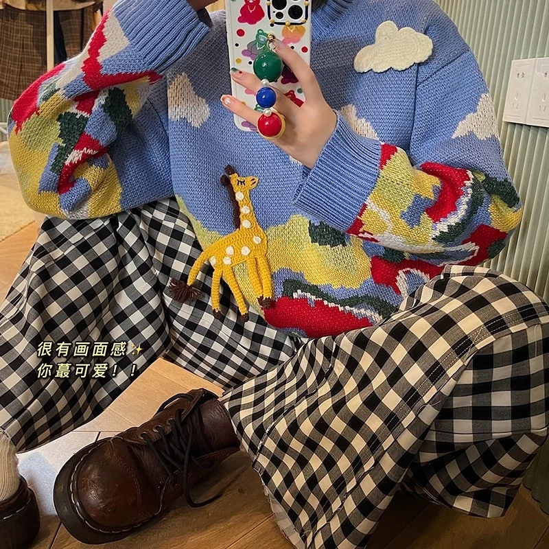 

Симпатичный синий свитер, Женский пуловер с круглым вырезом и принтом животных