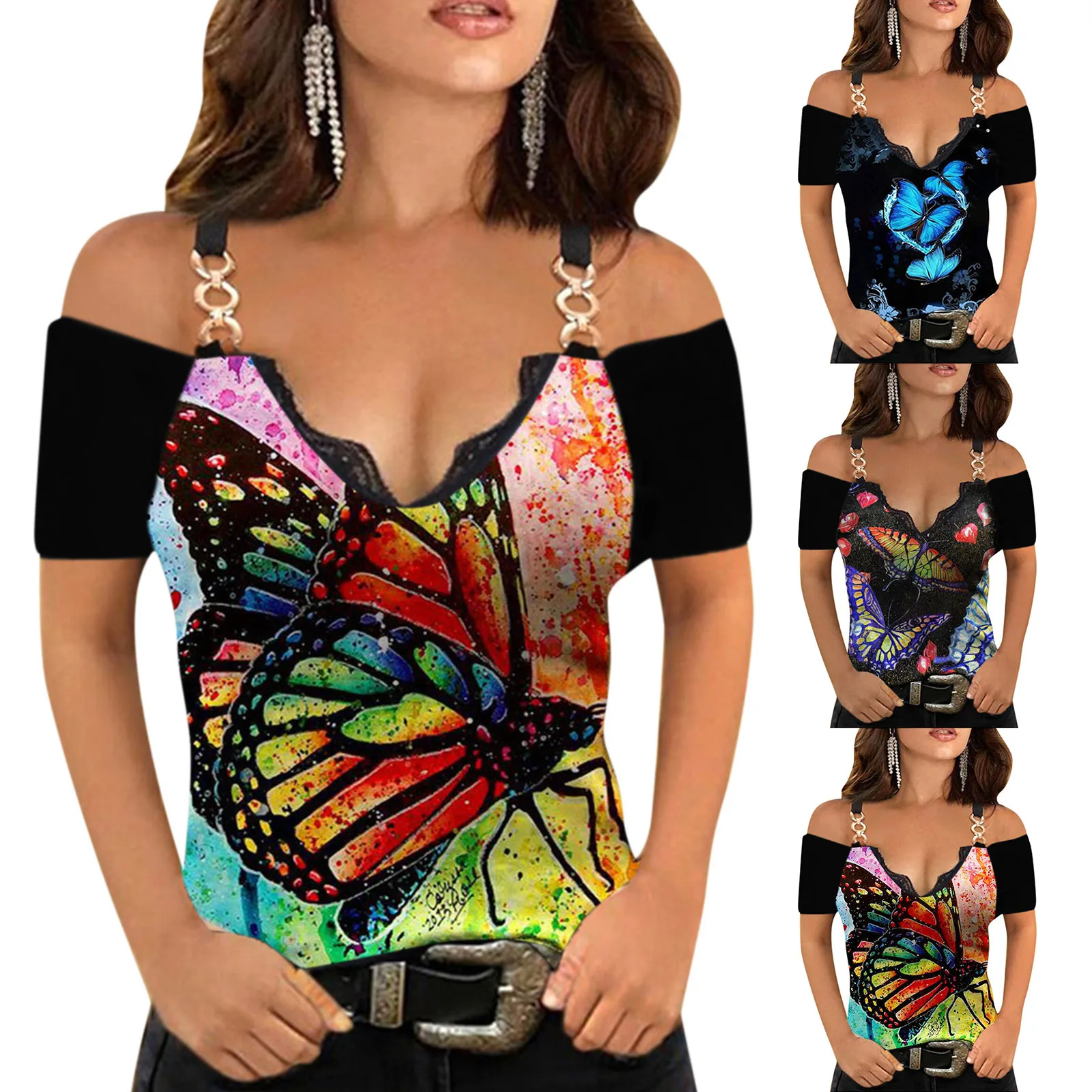 

Harajuku Butterfly Print T-shirt Women Summer V-neck Rose Print T-shirts Short Sleeves Lace Cami Top Shirts For Women Блузки