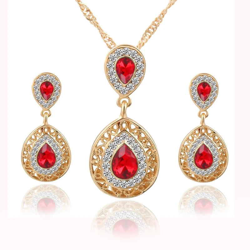

Mifeiya 3 Colors Water Drop Green Blue Red Shiny Rhinestones Crystal Jewelry Sets for Women Teardrop Pendant Necklace Earrings