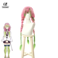 rolecos anime cosplay wig kanroji mitsuri cosplay hair colorful hair long pink green braid