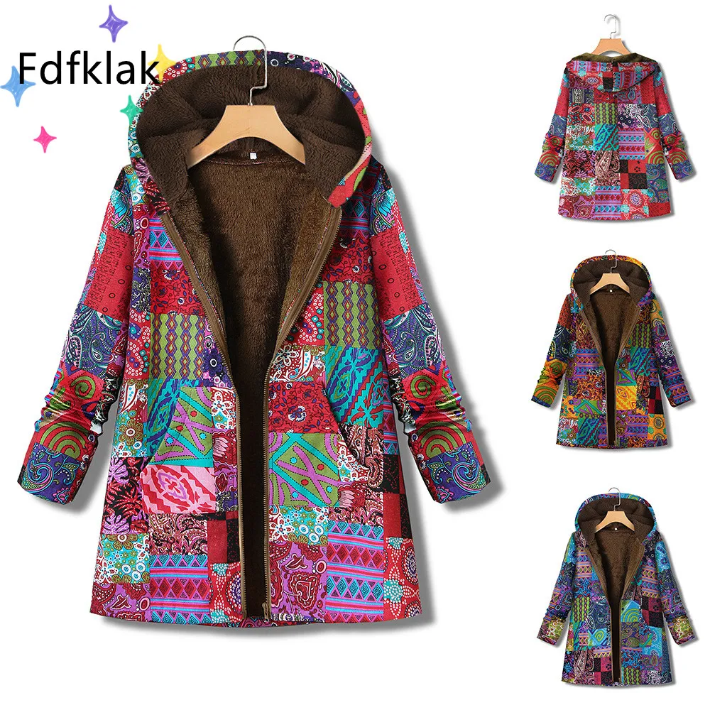 Fdfklak S-5XL Autumn New Ethnic Female Coat Winter Korean Fashion Cotton Linen Hood Fleece Jacket Plus Velvet Loose Print Parka