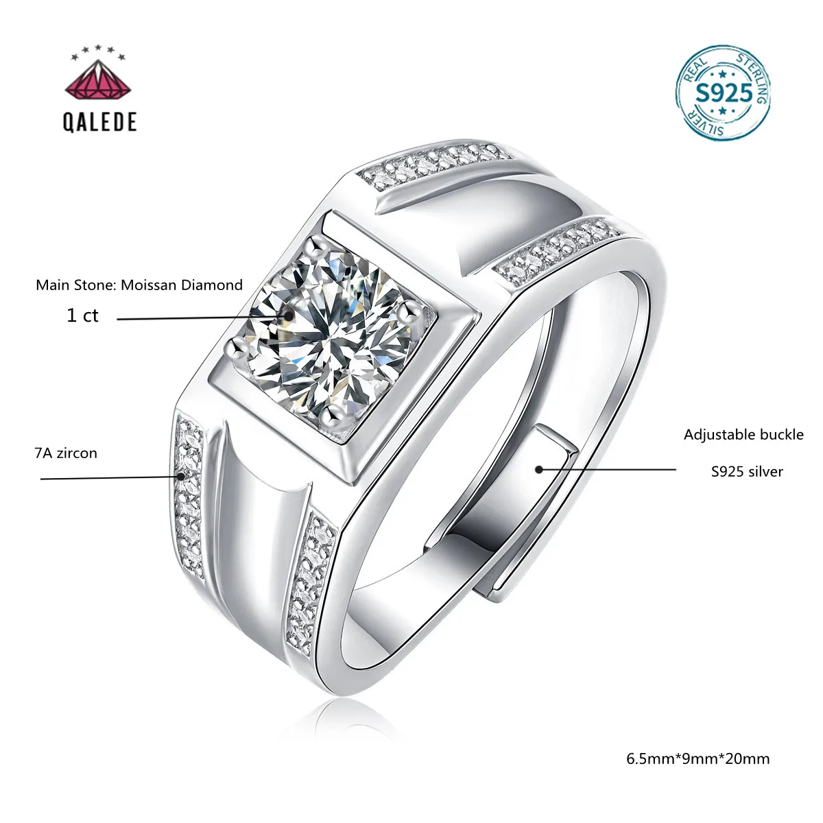 

QALEDE S925 Silver Ring 1 Carat Moissan Diamond Men's Simple Ring Men and Women Couple Ring Gift