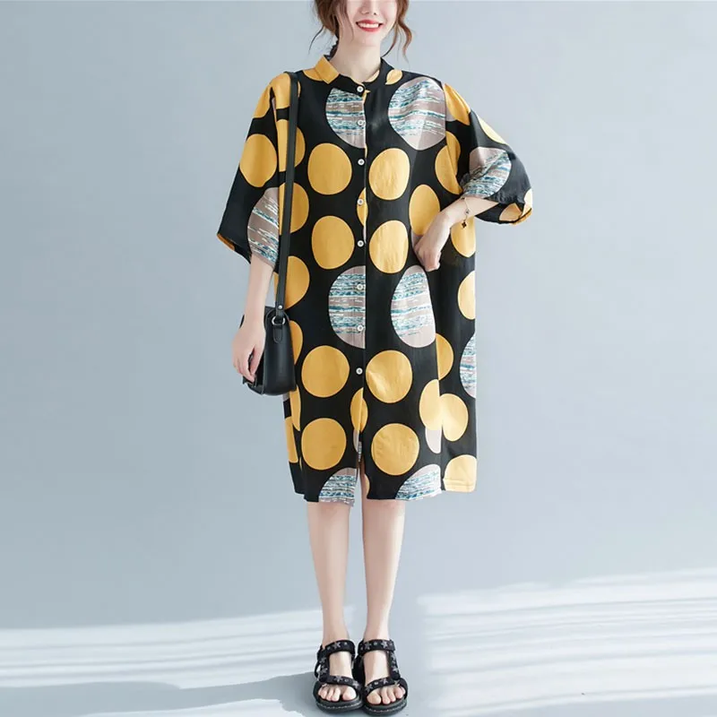 

Women Casual Long Shirts New Arrival 2021 Summer Vintage Style Stand Collar Polka Dot Print Loose Female Tops S3539