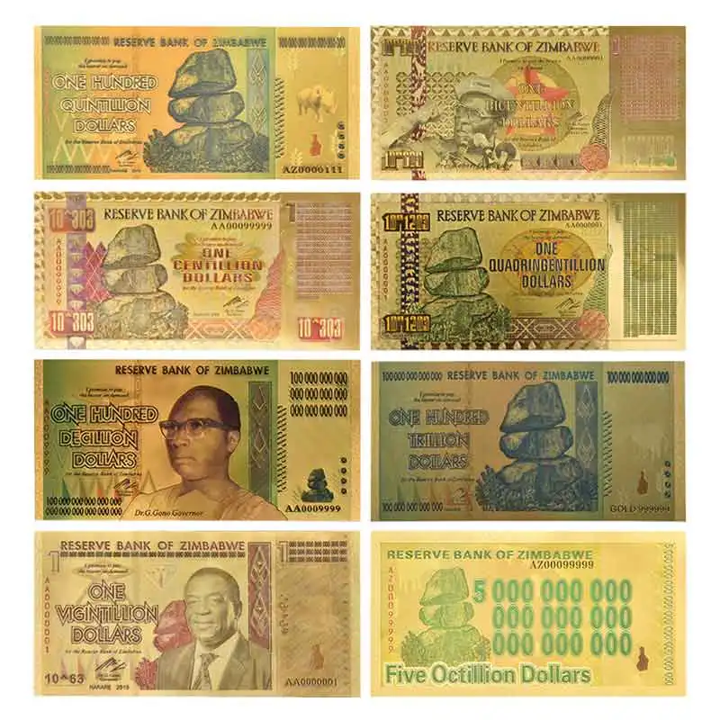 Zimbabwe$ Z100 триллион/100 кинтриллион/5 октиллион/100 декальон долларовые банкноты из золотой фольги реплики банкнот Бумажные деньги бизнес подарок