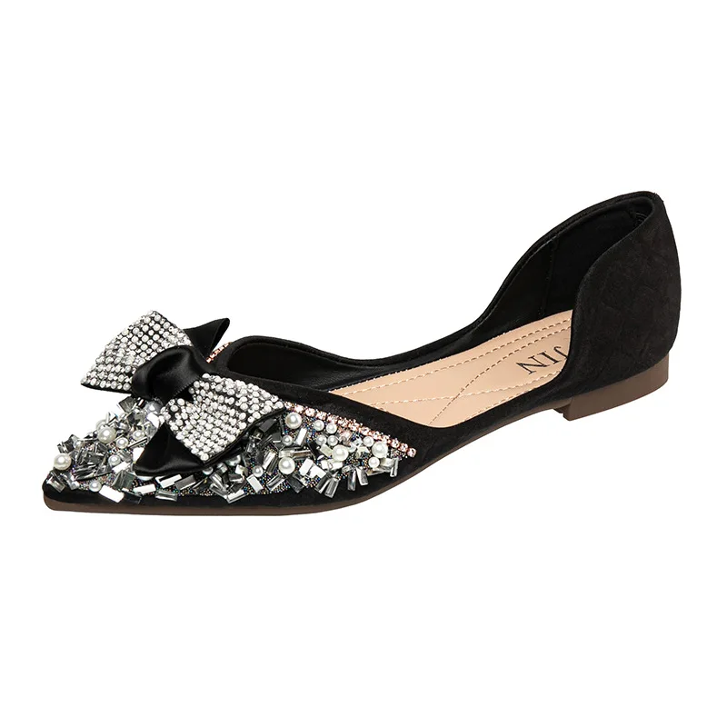 Women Ballet Flats Bling Crystal Diamond Wedding Shoes Ladies Bow Sequins Pointed Leisure Loafers Flat Sandals Big Size 35-43