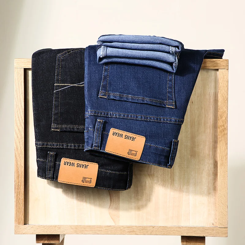 

SHAN BAO Men's Fitted Straight Jeans Classic Pockets 2021 Spring Business Casual Brand Comfortable Cotton Fashion Jeans Blue