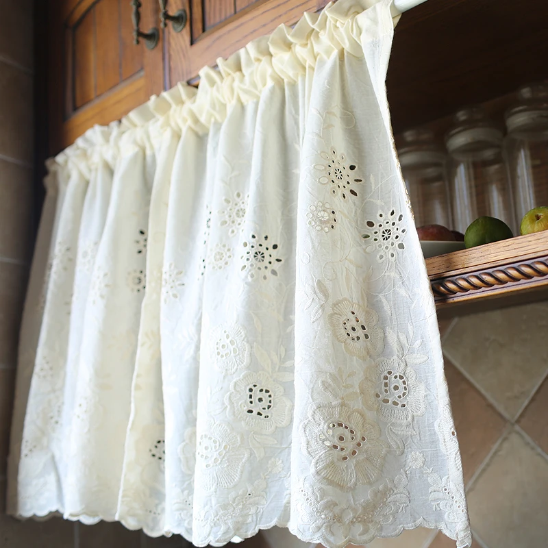 

New Hands Free Pure Cotton Short Curtains Handmade Beige Curtains Floral Embroidery Kitchen Blinds Cortinas Nice Window Decos