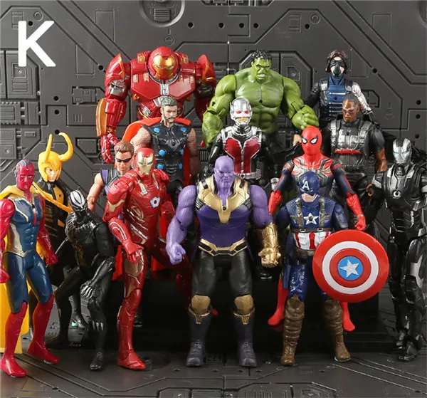 14PCS 17 см освещение Мстители Marvel ПВХ Фигурки Человек-паук Фигурки, детские игрушки Халк Капитан Америка Супермен Черная пантера - Цвет: 14PCS