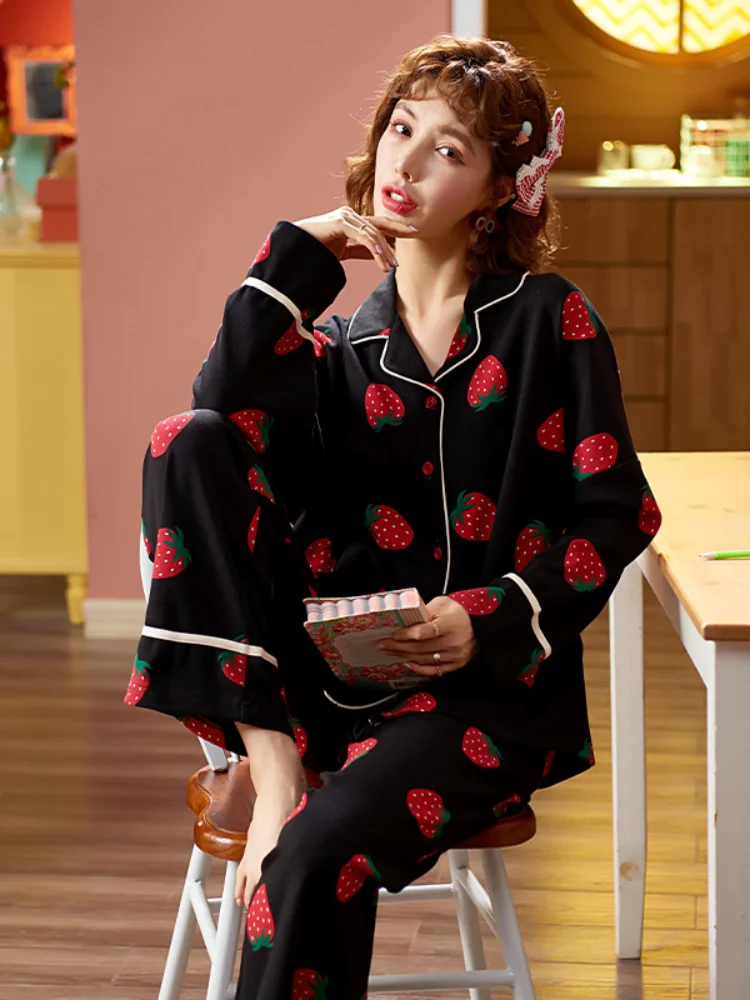 

Women's Pajamas Ladies Pajamas Lovely Sleepwear Women Set Home Clothes Lapel Pure Cotton Wear Suit Long Sleeve Pyjama Femme