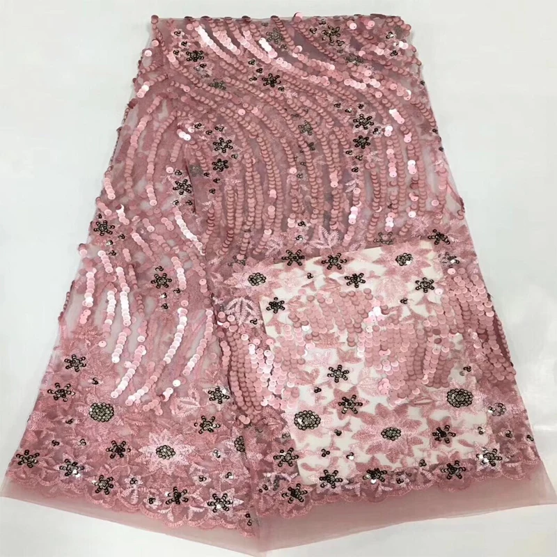 Высококачественная нигерийская ткань с блестящими кружевами розовая