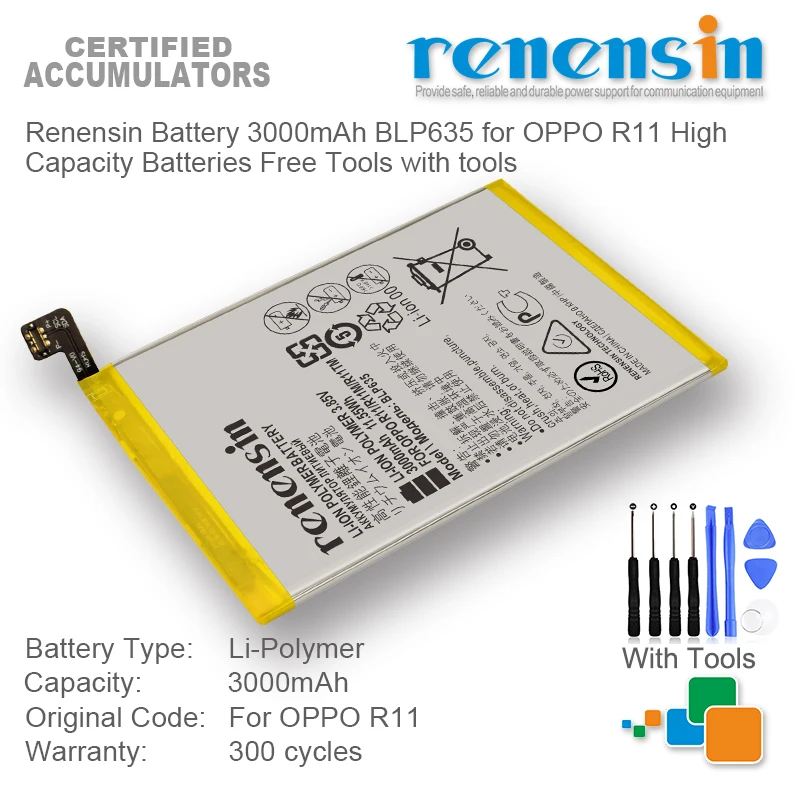 

Аккумулятор Renensin 3000 мАч BLP635 для OPPO R11, батареи большой емкости, бесплатные инструменты с инструментами