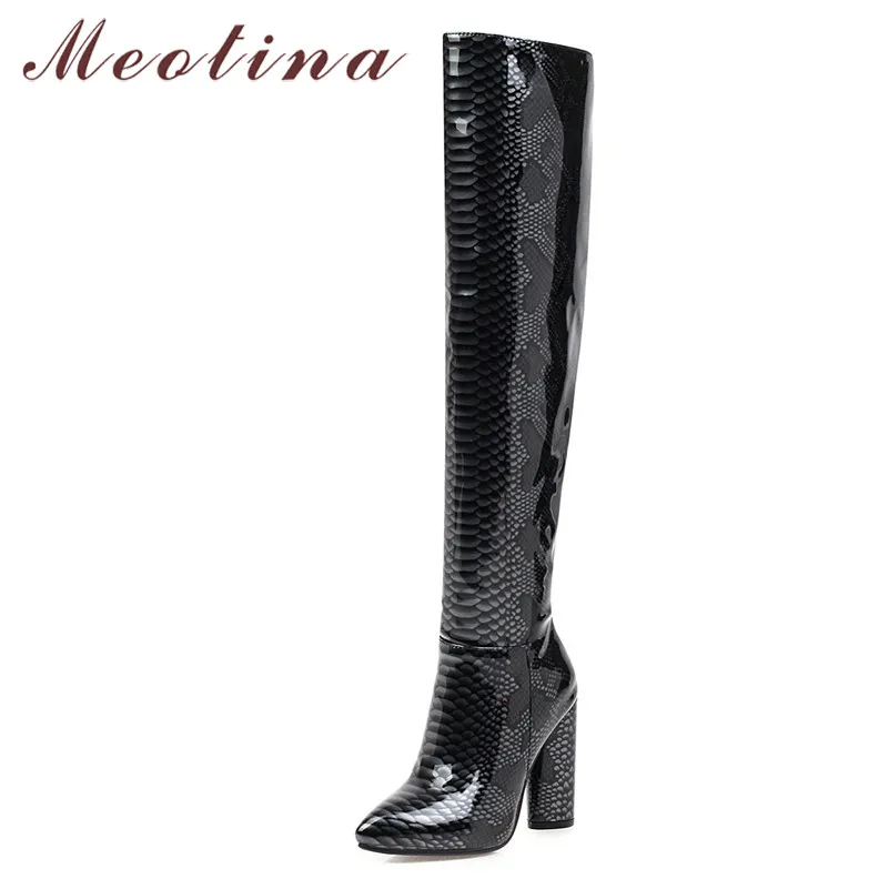 Женские лакированные ботфорты Meotina Зимние на высоком каблуке с принтом змеиной