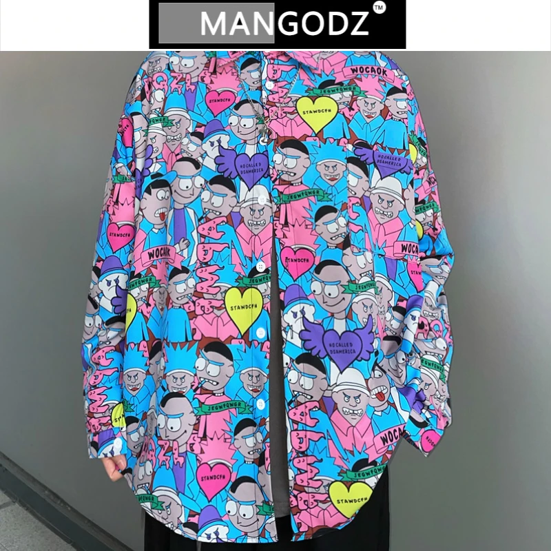 

Men's Korean Long Sleeve Shirs Full Cartoon Print Fashions Chemise Homme Casual Men Clothing Hip Hop Vingtage Couples Tops