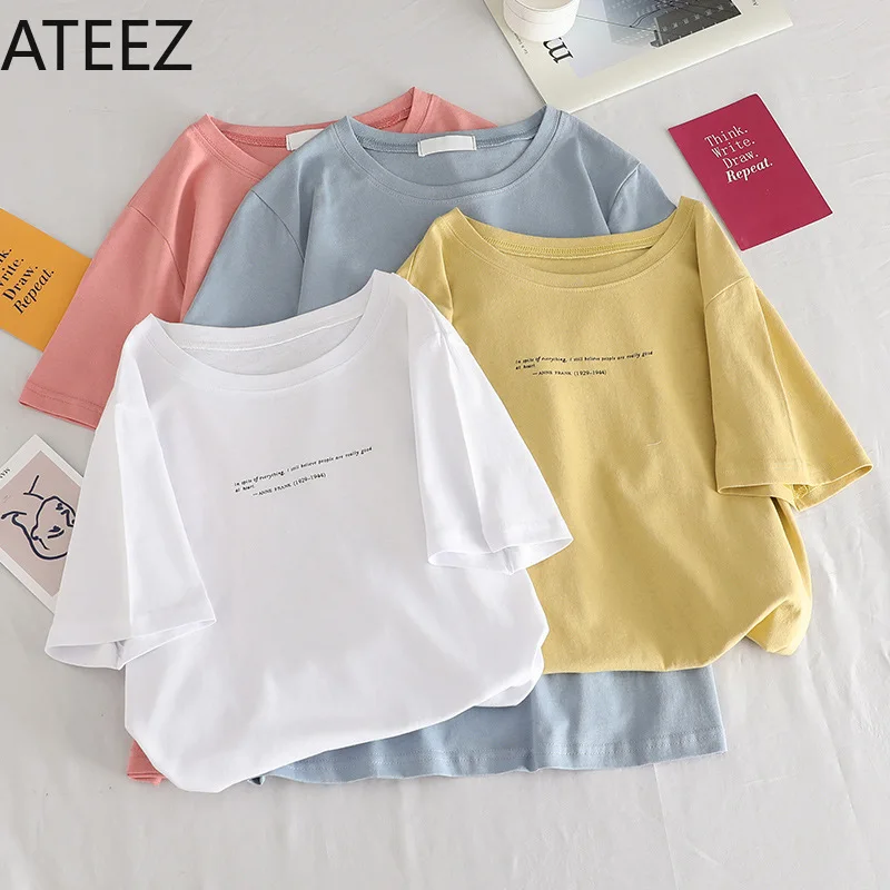 Женская футболка с буквенным принтом Корейская одежда круглым вырезом и