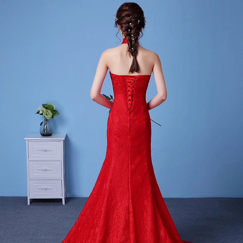 AnXin SH принцесса красное кружево Холтер Русалка свадебное платье винтажное