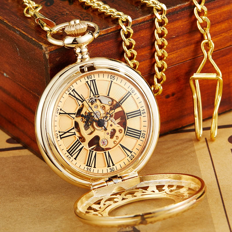 Luxury Full Gold Body Mechanical Pocket Watch Skeleton Steampunk Case Fob Chain Clock for Men Women Collection Dropshipping