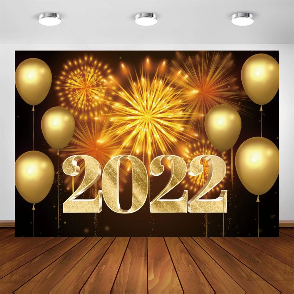 

2022 New Year Party Backdrops Golden Fireworks Balloon Birthday Decoration Customize Photography Props Backgrounds Studio Photo