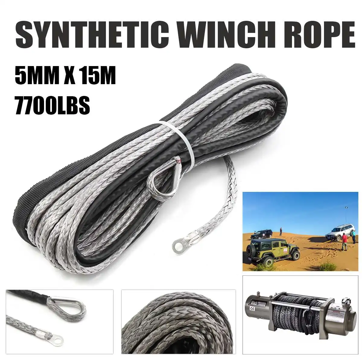 

7700LBs 15m Winch Rope String Line Cable with Sheath Synthetic Towing Rope Car Wash Maintenance String for 4x4 ATV UTV Off-Road