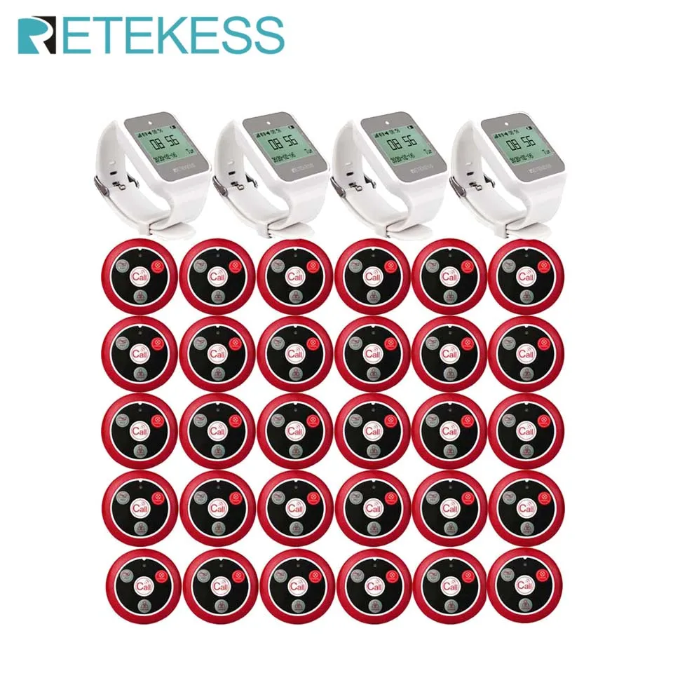 Retekess Wireless Waiter Calling System Restaurant Pager 4 TD108 Watch Receiver + 30 T117 Transmitter For Hookah Hospital