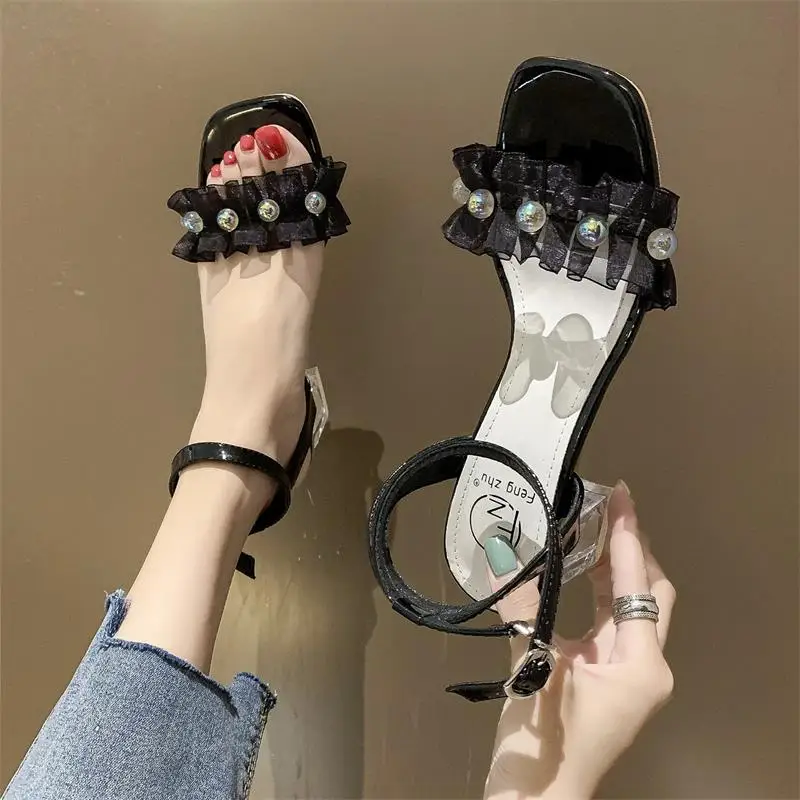 

Buckle Strap Open Toe All-Match Comfort Shoes for Women 2021 Summer Med Luxury Sandals Block Heels Suit Female Beige Peep Medium